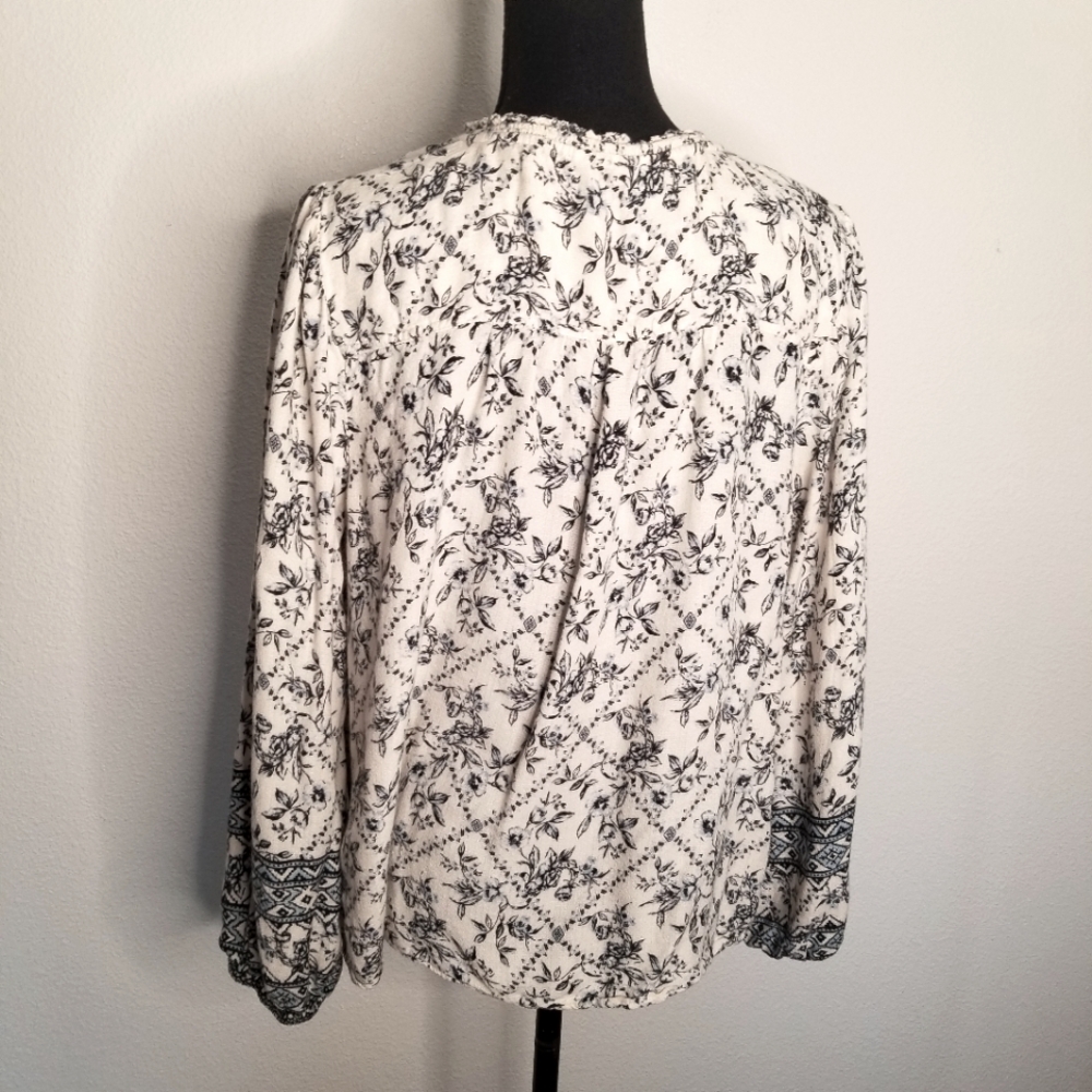 Lucky Brand Top Boho Viscose Tassels Border Print Blue Peasant Long Sleeves L - Picture 4 of 8